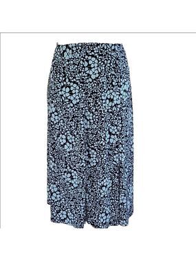 Floral Black Blue 8 Panel Midi A-Line Skirt Size 14 Petite EUC